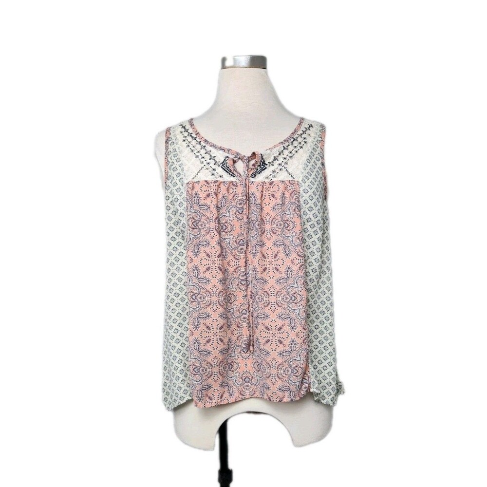 Rewind Boho Blouse Pink Paisley Sleeveless Lace Trim Flowy Womens L Peasant